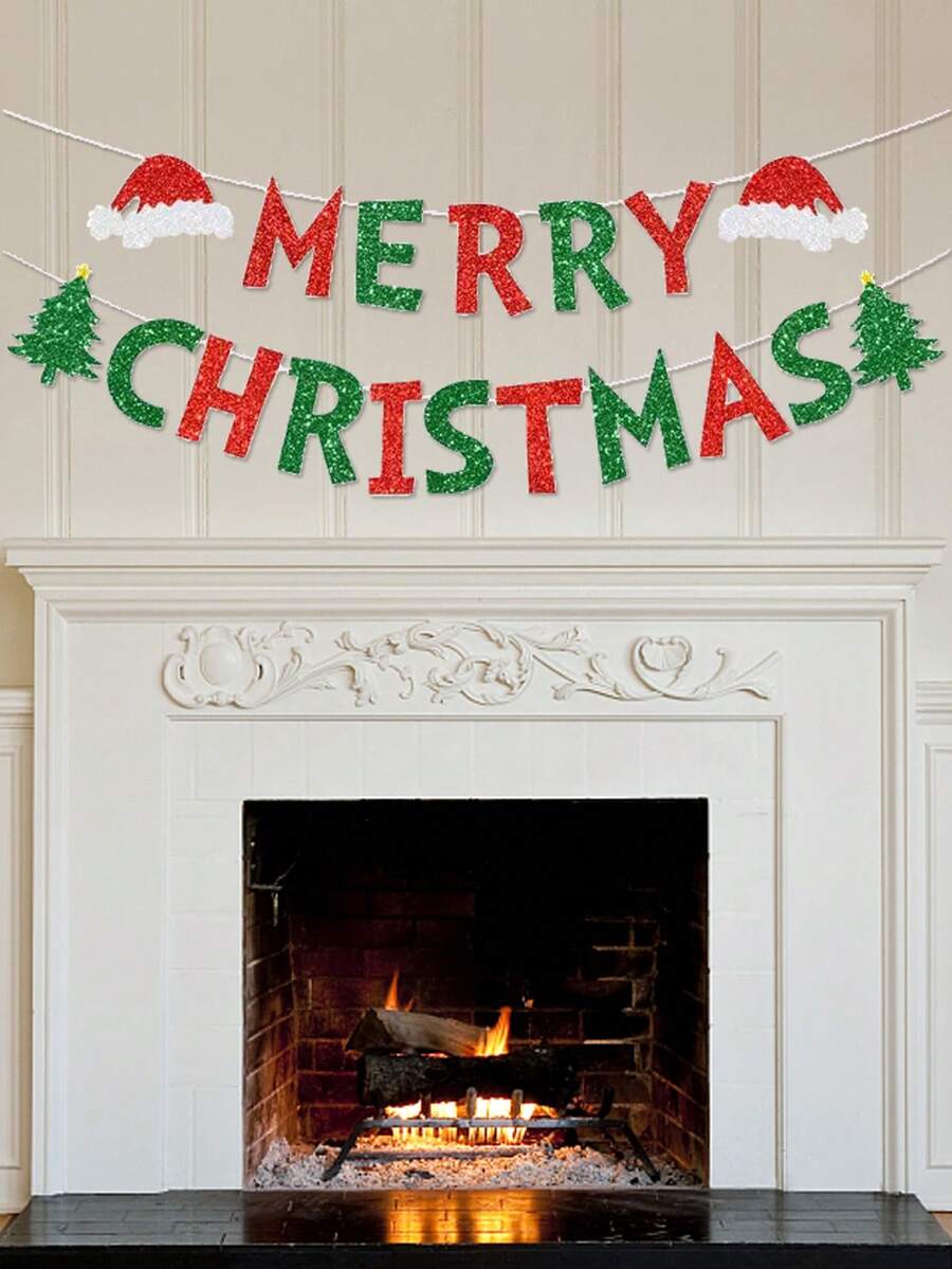 1pc Christmas Tree & Santa Hat Celebration Merry Christmas Indoor/Outdoor Decoration Flag Banner