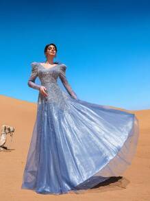 Faeriesty Haute Glamour Luxury Backless Sheer Sleeves Beaded Formal Ball Dress & Evening Gowns - Dusty Blue - View 4