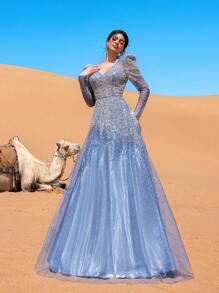 Faeriesty Haute Glamour Luxury Backless Sheer Sleeves Beaded Formal Ball Dress & Evening Gowns - Dusty Blue - View 5
