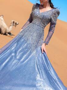 Faeriesty Haute Glamour Luxury Backless Sheer Sleeves Beaded Formal Ball Dress & Evening Gowns - Dusty Blue - View 7