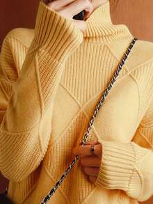 大码女式纯色高领长袖套头毛衣，秋冬款 - 黃色 - 查看 4