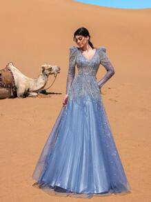 Faeriesty Haute Glamour Luxury Backless Sheer Sleeves Beaded Formal Ball Dress & Evening Gowns - Dusty Blue - View 6