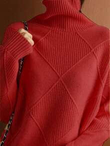 Plus Size Solid Color Turtleneck Long Sleeve Sweater, Autumn/Winter - Red - View 5