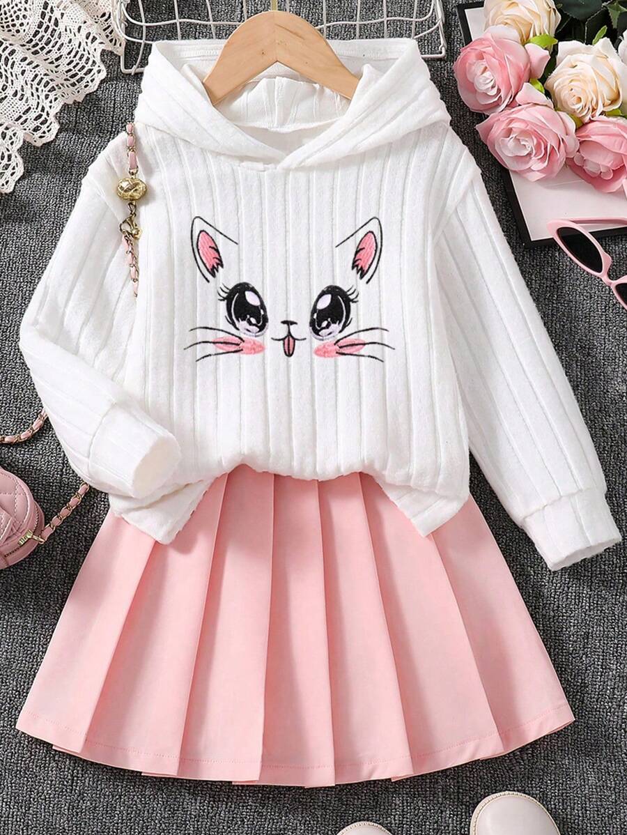 Tween Girl Cat Embroidery Hooded Sweatshirt And Pleated Mini Skirt Set