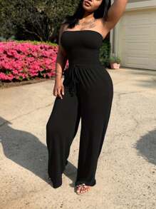 Womens Jumpsuit Casual Summer Strapless  Rompers Loose Jumpsuit With Pockets - màu đen - Xem 1