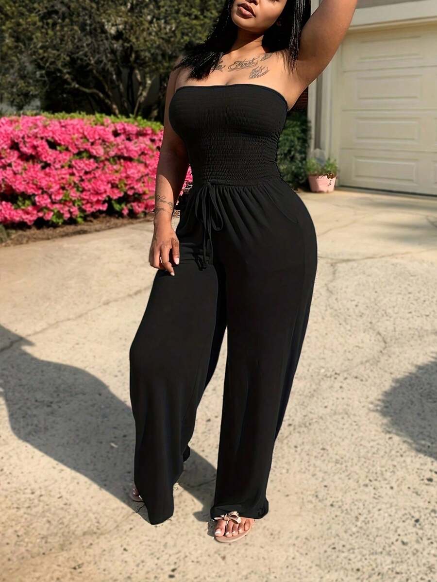 Womens Jumpsuit Casual Summer Strapless Rompers Loose Jumpsuit With Pockets - màu đen - Xem 1