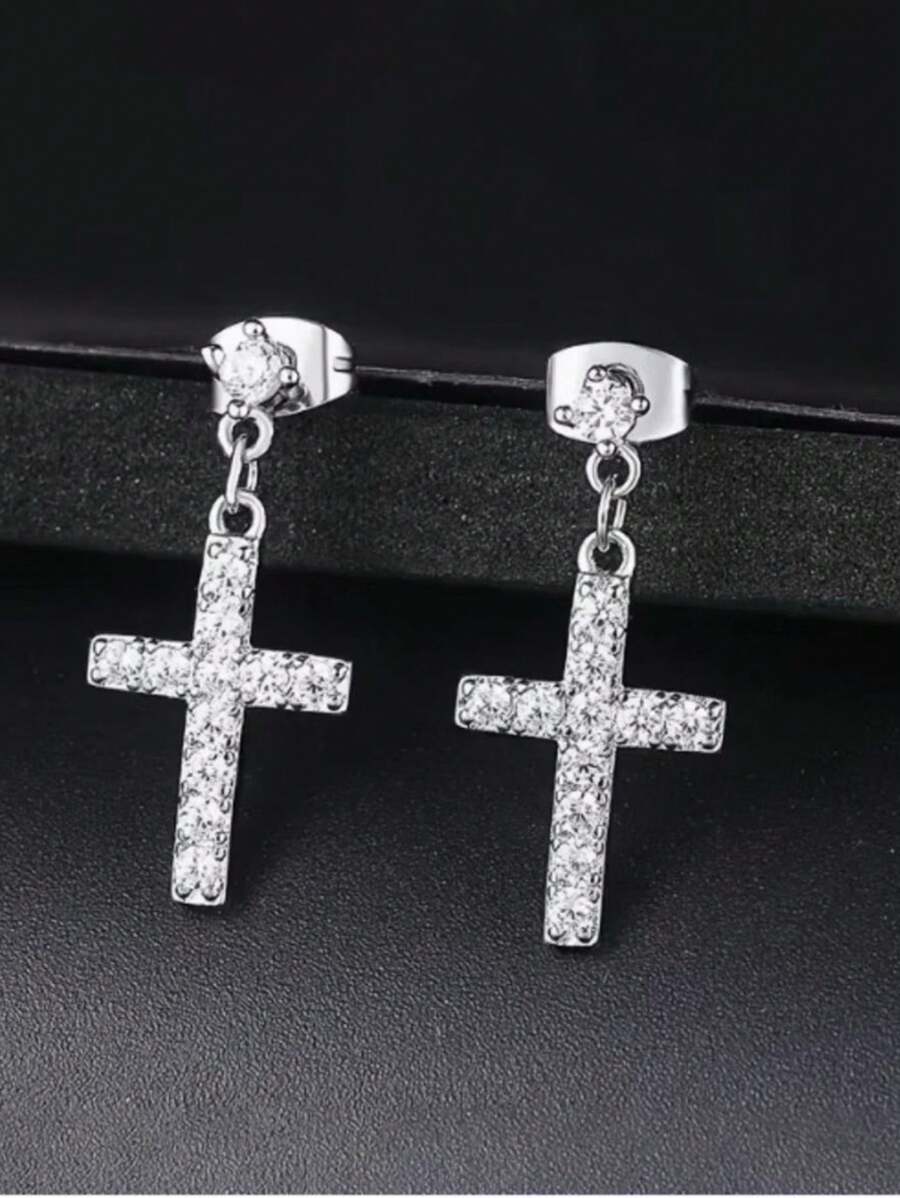 Zhouyang Cross High Quality Antique Crystal Silver Color Fashion Earring Parts Like Austrian Crystal 925 Silver Plated - Bạc - Xem 1