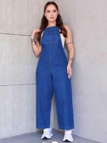Women's Denim Overalls With Adjustable Straps - Dark Wash - View 5