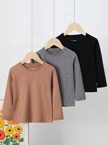 Young Boy 3 Pcs Children Long Sleeve T-Shirts, Thick Thermal Tees, Spring Autumn Winter - Multicolor - View 1