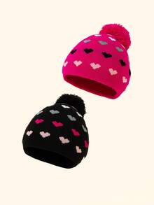 1pc Kids Colorful Heart Print Beanie Hat, Thin Knit Warm Hat With Cute Pom Pom Decor, Suitable For Autumn/Winter Daily Wear, New Year, Christmas, Dopamine Outfit