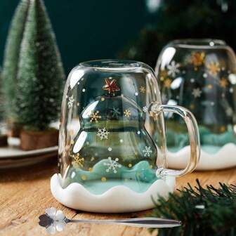 Christmas Mugs - Christmas Tree Glass Mug With Snowflake Lid & Handle - Cute Mug For Tea/Coffee/Milk - Double Walled Insulated Glass Cups For Christmas & Happy New Year Gifts - 300ML (Pack Of 1) Back To School