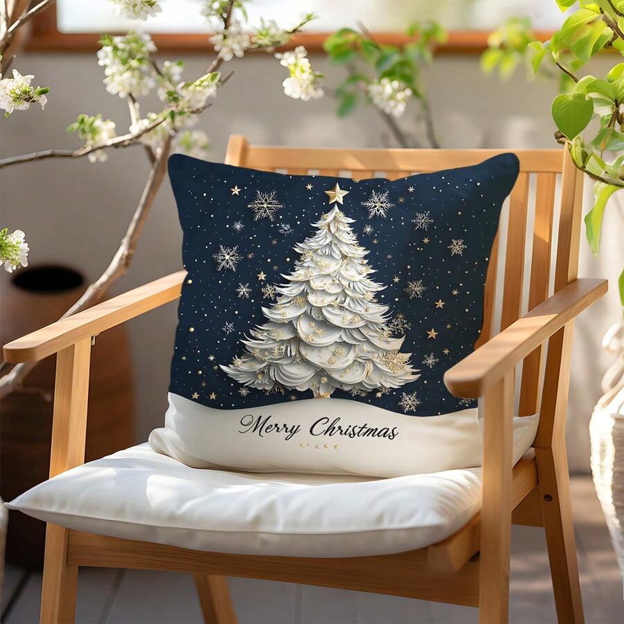 1 件简约海军蓝圣诞树插画靠垫套，柔软桃色天鹅绒材质，单面印花，45*45 厘米，圣诞礼物 - 彩色 - 查看 1