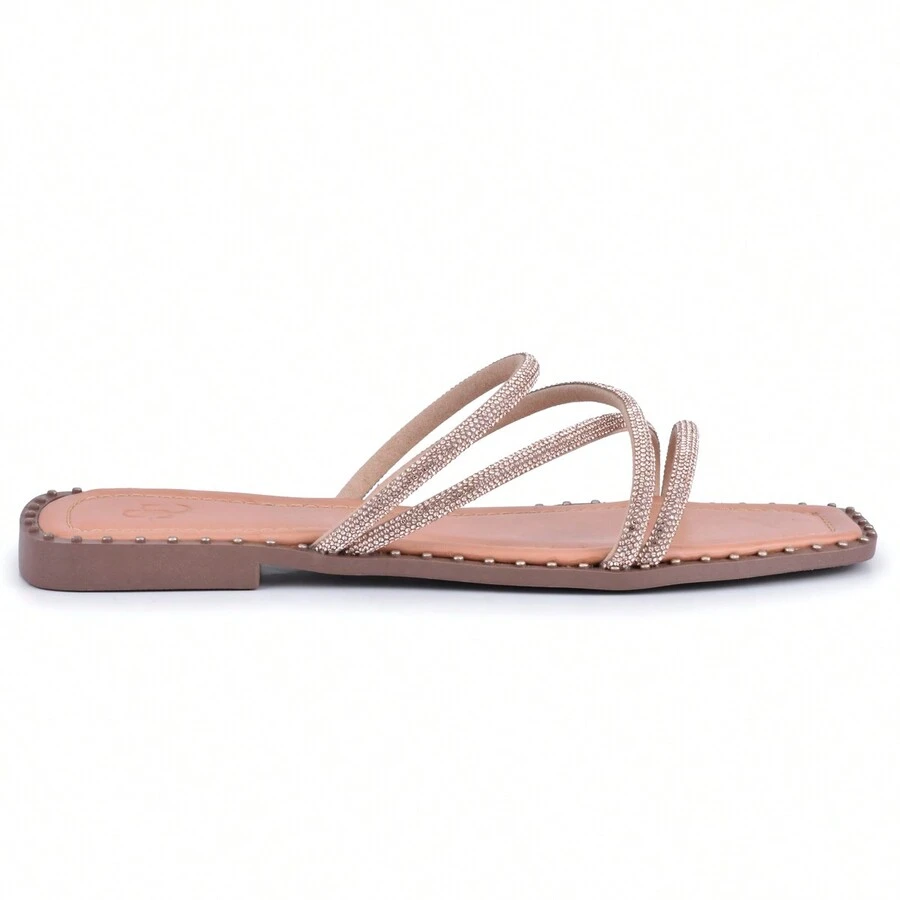 Flat Sandals Women's Sandals With Rhinestone Straps, Elegant Luxury, First-Class Finish, Ideal For Any Occasion - 駝色 - 查看 1