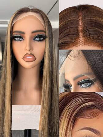 Highlight Lace Front Wig, Honey Blonde Lace Front Wig Pre Plucked Ready To Wear, Glueless 13X5X1 Synthetic Lace Front Wigs 30inch, Expressive  Honey Brown Wig