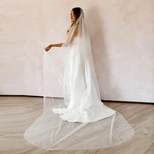 1 件新款新娘双层珍珠装饰长拖尾婚纱头纱配饰万圣节秋季女士服装 - 彩色 - 查看 1