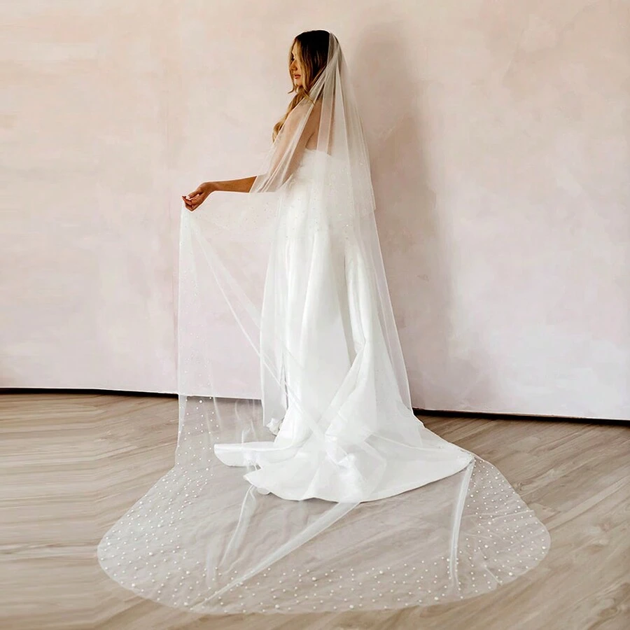 1 件新款新娘双层珍珠装饰长拖尾婚纱头纱配饰万圣节秋季女士服装 - 彩色 - 查看 1