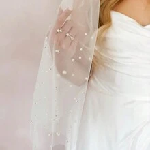 1 件新款新娘双层珍珠装饰长拖尾婚纱头纱配饰万圣节秋季女士服装 - 彩色 - 查看 3