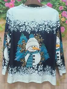 Plus Size Women Christmas Snowman 3D Print Long Sleeve T-Shirt, Popular Style