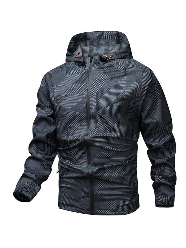 Moda Masculina Com Capuz Esportes Jaqueta Zip Up Com Bolsos Com Zíper Para Corrida Ao Ar Livre, Corta-vento Masculino Para Primavera Outono