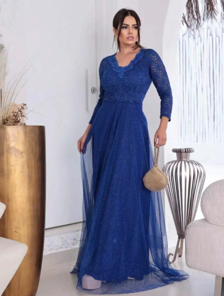 vestido longo madrinha casamento mae de noivos evangélico discreto manga de renda 3.4 - Azul Royal - Visão 1
