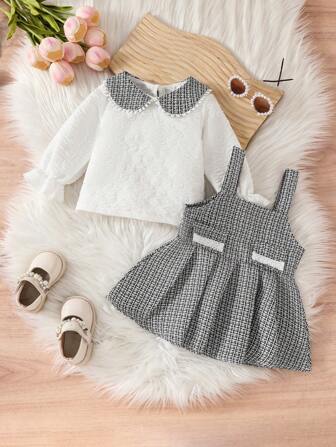 2 件套女婴休闲服装套装，可爱彼得潘领荷叶边长袖上衣和格子吊带连衣裙，春夏