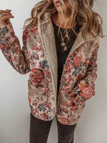 CILKOO 米色复古佩斯利花卉印花抓绒连帽衫