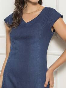 Women's Casual V-Neck Plain Blue Denim Short Dress - Màu xanh lam - Xem 4