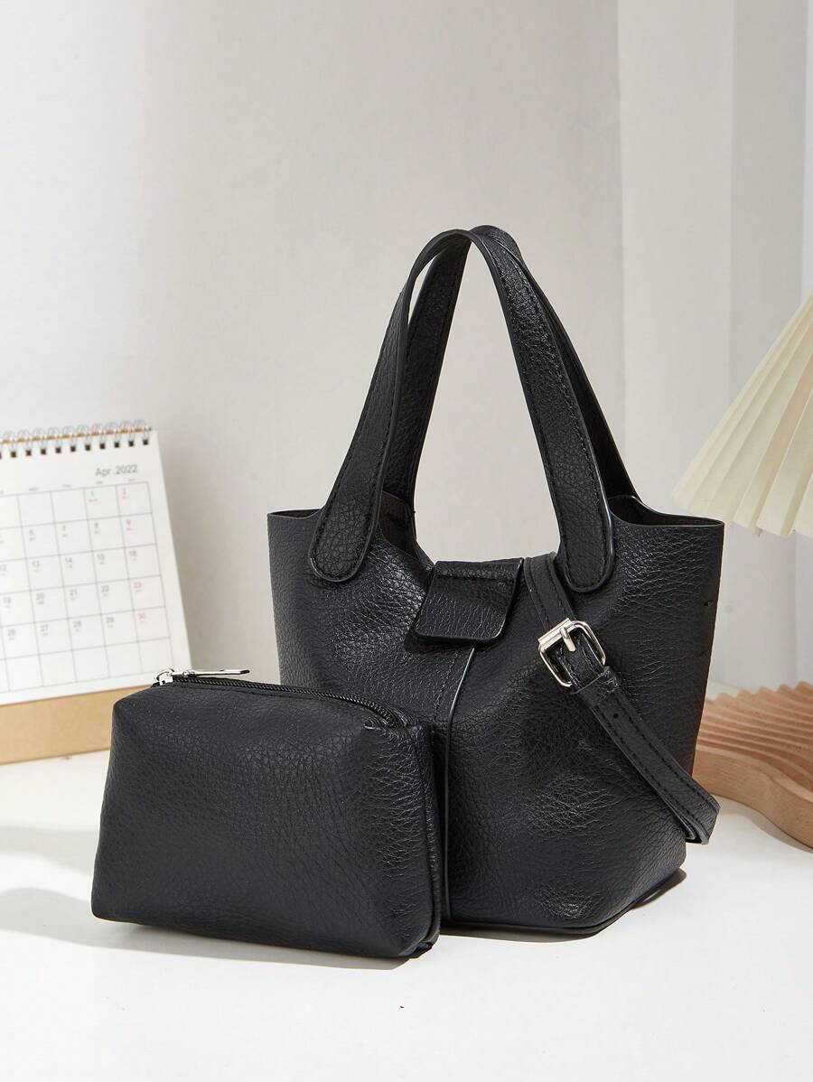 Set di borse tote da donna in colore unito e grana di litchi in PU, semplice e alla moda, include una borsa secchiello casual/da lavoro con tracolla regolabile e un portafoglio piccolo staccabile, adatto per lo shopping, il pendolarismo e l'uso quotidiano in ufficio