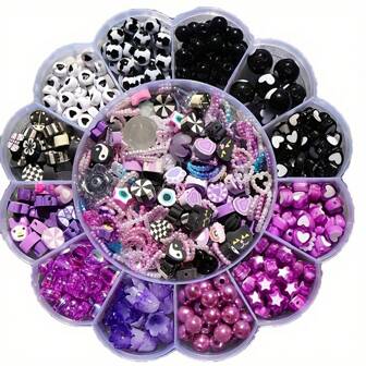 800pcs/Set 13-Compartment 3pcs Ombre Black-Purple Acrylic Heart, Star, Pearl Charm Kit With Scissors & Elastic String, DIY Bracelet Necklace Jewelry Craft Supplies Gift Set