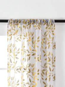 1 件白色现代奢华银箔印花金色叶子和藤蔓薄纱窗帘适用于客厅、卧室、厨房 - 白色 - 查看 7
