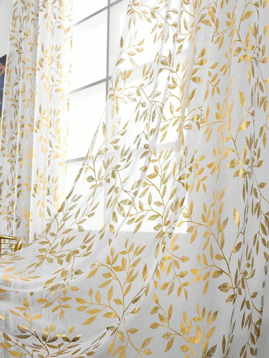 1 件白色现代奢华银箔印花金色叶子和藤蔓薄纱窗帘适用于客厅、卧室、厨房 - 白色 - 查看 1