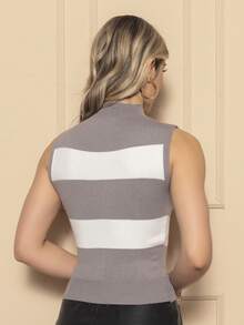 Striped Modal Knit Tank Top With High Neck New Collection - 灰色 - 查看 2