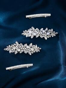 1 Set (4pcs) Fashionable Minimalist Rhombus Crystal Zinc Alloy & Pearl Hair Clips, Bridal Wedding Party Headpiece, Claw Clips, Hair Barrettes - Silver - View 11