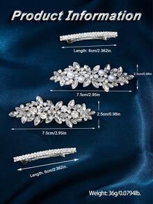 1 Set (4pcs) Fashionable Minimalist Rhombus Crystal Zinc Alloy & Pearl Hair Clips, Bridal Wedding Party Headpiece, Claw Clips, Hair Barrettes - Silver - View 3