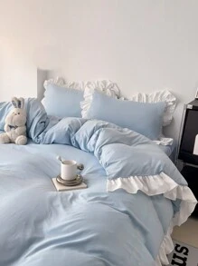 3pcs Soft Floral Ruffled Duvet Cover Set For Bedroom, Light Blue - Baby Blue - View 10
