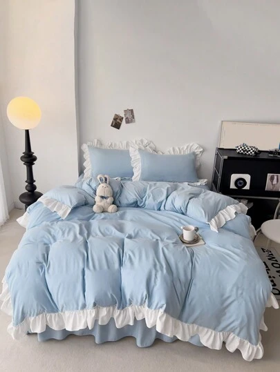 3pcs Soft Floral Ruffled Duvet Cover Set For Bedroom, Light Blue