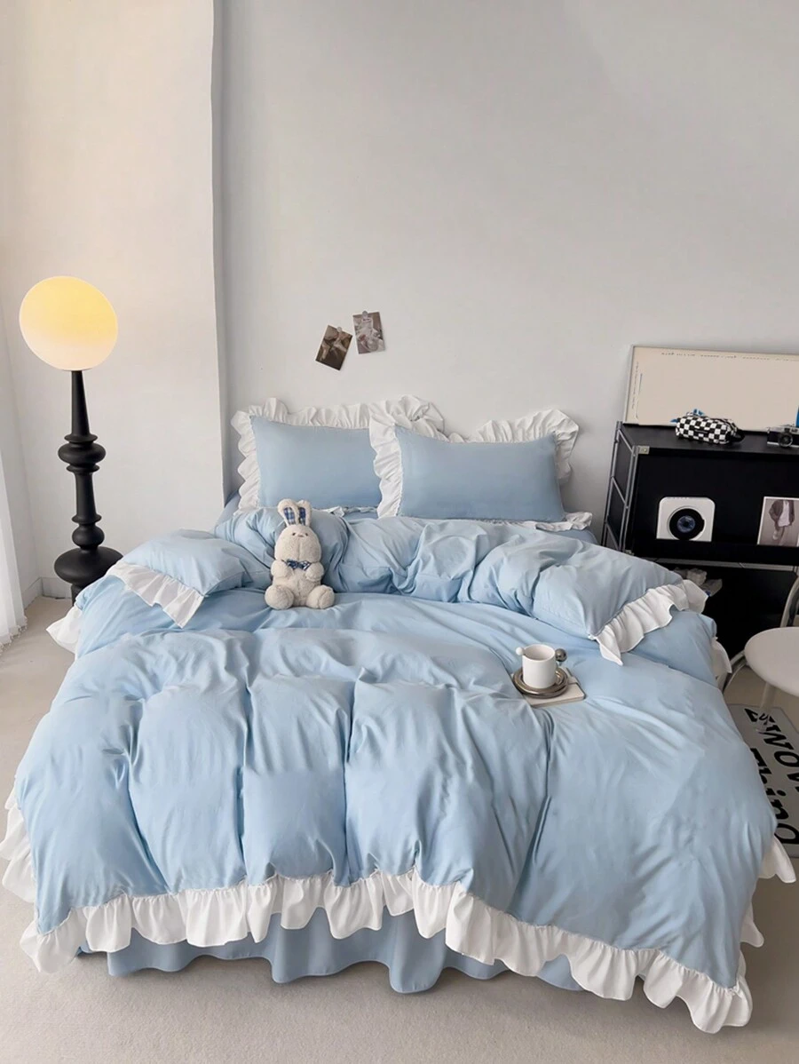 3pcs Soft Floral Ruffled Duvet Cover Set For Bedroom, Light Blue