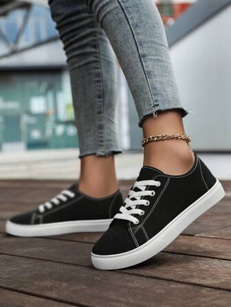 Women's Solid Color Canvas Flat Shoes, Round Toe Lace-Up Breathable Non-Slip Shoes, Ladies' Classic Canvas Shoes, Solid Color Lace-Up Low-Top Casual Shoes, Women's Comfortable Footwear, Sneakers, Outdoor Shoes, Student Shoes, Black, White