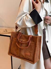 时尚女士毛绒手提包，带多个口袋，可单肩和斜挎，柔软舒适 - 棕色 - 查看 3