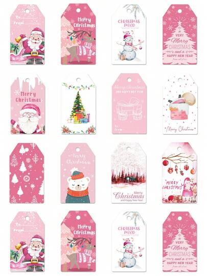 60/120 sztuk, Różowa etykieta dekoracyjna do pakowania prezentów świątecznych, Brązowa torba papierowa, Pudełko papierowe, Torba prezentowa, Etykieta dekoracyjna do pudełka prezentowego, Święty Mikołaj, Choinka, Łoś, Bałwan i inne elementy świąteczne Etykieta dekoracyjna do opakowania, Z brązową liną, Losowe mieszanie wzorów