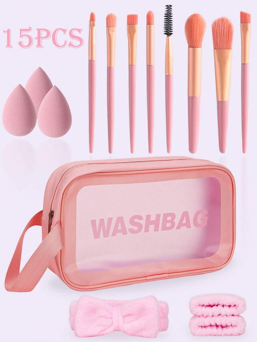 Bộ 15 túi đựng đồ trang điểm trong suốt, hộp đựng mỹ phẩm du lịch di động đựng bảng phấn mắt, cọ trang điểm, phấn mắt dạng lỏng, phấn phủ, kẻ mắt, son môi, son bóng, keo dán mi, v.v., bộ cọ, bộ cọ trang điểm, bộ cọ trang điểm, bộ trang điểm hoàn chỉnh, bộ cọ trang điểm, bộ trang điểm hoàn chỉnh, bộ cọ, bộ cọ trang điểm, bộ quà tặng trang điểm, bộ - Hồng - Xem 1