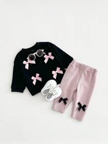 Bộ 2 món/bộ áo dài tay mềm mại có nơ dễ thương cho bé gái và quần dài, mùa xuân/thu - màu đen - Xem 3