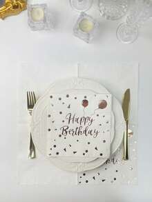 16 件 3 层白金箔“生日快乐”餐巾，13x13 英寸，生日派对装饰纸餐巾，适用于餐厅、甜品店、家庭餐桌、派对用品 - 白色 - 查看 5