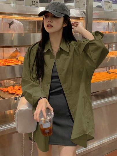 女士纯色长袖口袋宽松休闲衬衫，春/秋