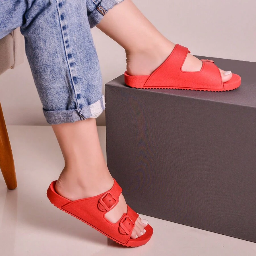 Rasteira Birken Slide Duas Fivelas Injetada Feminina - Vermelho - Visão 1