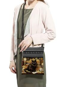 复古可爱猫咪书本图案斜挎包、可重复使用的单肩包、动物印花储物袋、邮差包、猫迷派对礼物 - 黑色 - 查看 3