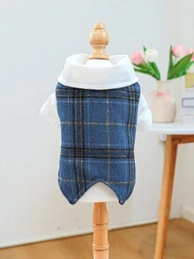1pc Pet Clothes Dog Cat Clothing Apparel Autumn/Winter Warm Little Gentleman Vest - Blue Plaid - Blue - View 3