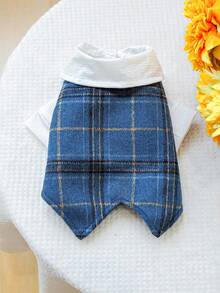 1pc Pet Clothes Dog Cat Clothing Apparel Autumn/Winter Warm Little Gentleman Vest - Blue Plaid - Blue - View 2