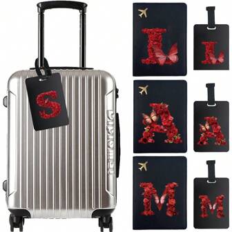 حافظة جواز سفر جلد صناعي بورود حمراء وطباعات أرقام وحروف، مع علامة أمتعة، حافظة جواز سفر، محفظة سفر، كيس جواز سفر، للرحلات والسفر والطيران وللعودة إلى المدرسة للرجال والنساء، ملحقات السفر، ملحقات عطلة، لوازم رياضية، لوازم مخيم، لوازم عطلة