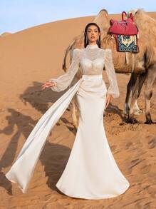 Faeriesty Haute Glamour Gorgeous Beaded Sequin Mermaid Evening Gown With High Neck & Puff Sleeves – Transparent Tulle Upper Adorned With Intricate Beadwork, Fish-Tail Skirt For Luxury Weddings, Formal Galas & Upscale Evening Events